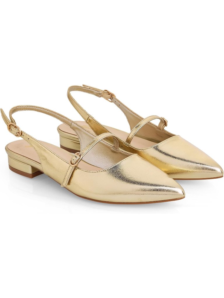 Women's Gold Slingback Flats Pointed Toe Low Heel Adjustable Buckle Comfortable